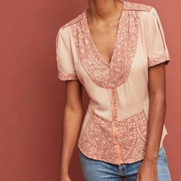 Anthropologie Tops - ❤️Tiny for Anthropologie Talia Peach Lace Trim Blouse XS
